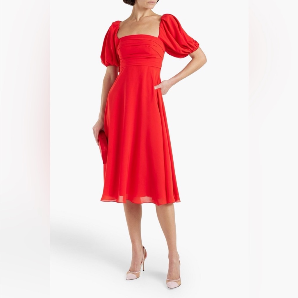 Nwt Monique Lhuillier Chiffon Puff-Sleeve Midi-Dress In Red In Size 12